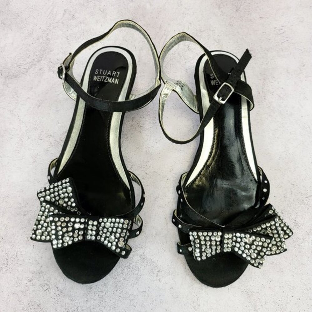 Y2K Coquette STUART WEITZMAN‎ Girls Sandals 1 Black Silver Rhinestone Bow Twee